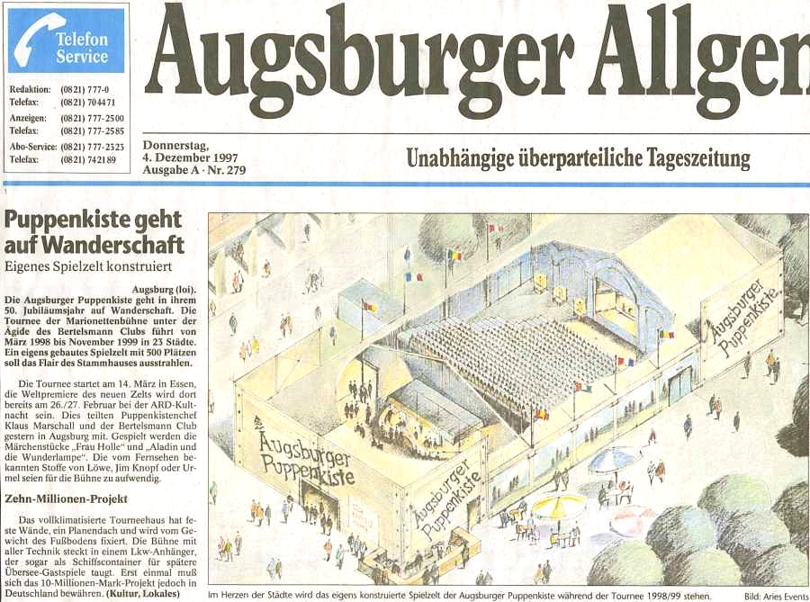 1. Deutschland Tournee Augsburger Puppenkiste 1998/99 - Augsburger Allgemeine Zeitung 04.12.1997